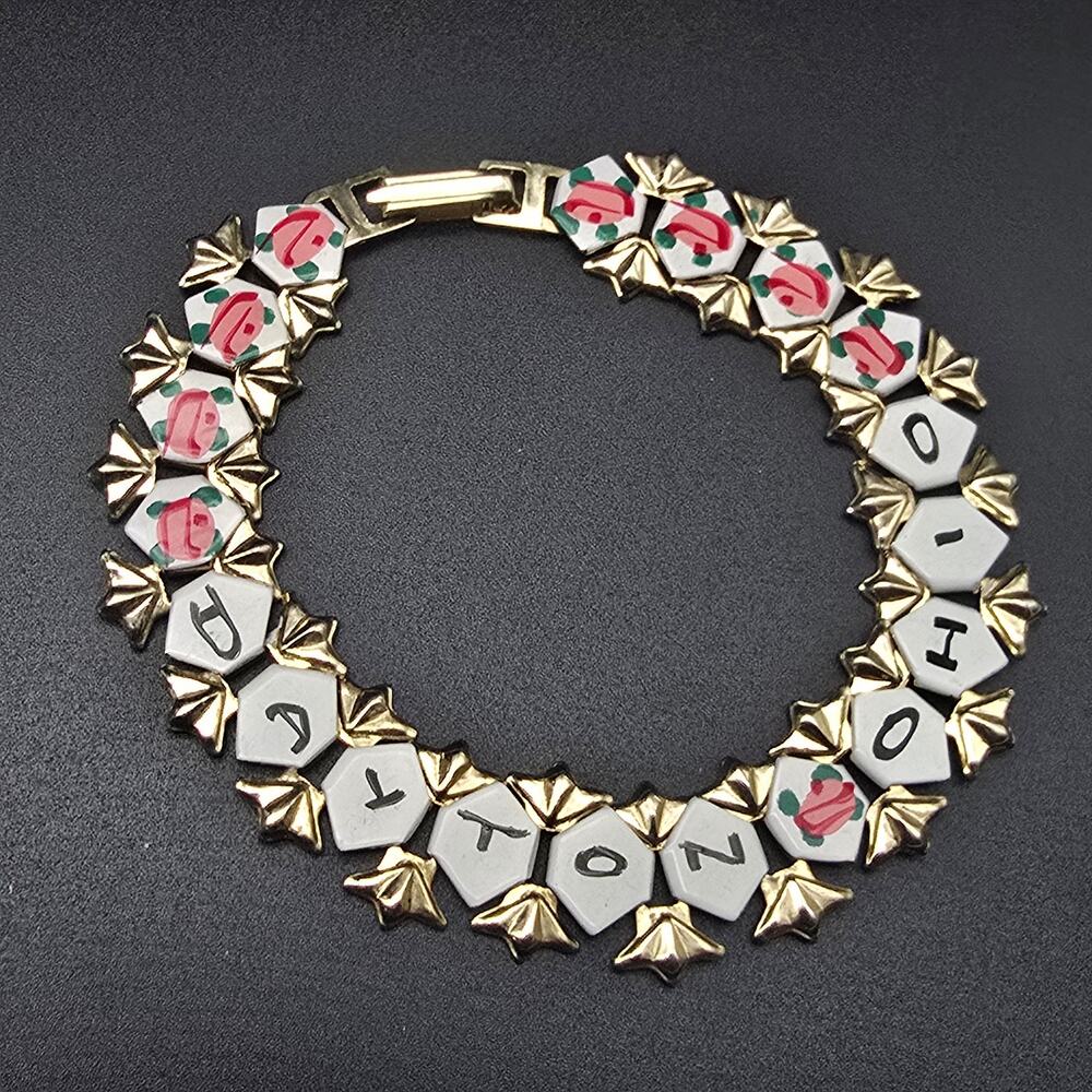 Vintage Dayton Ohio Souvenir Bracelet Enamel Pink Flowers Costume Jewelry